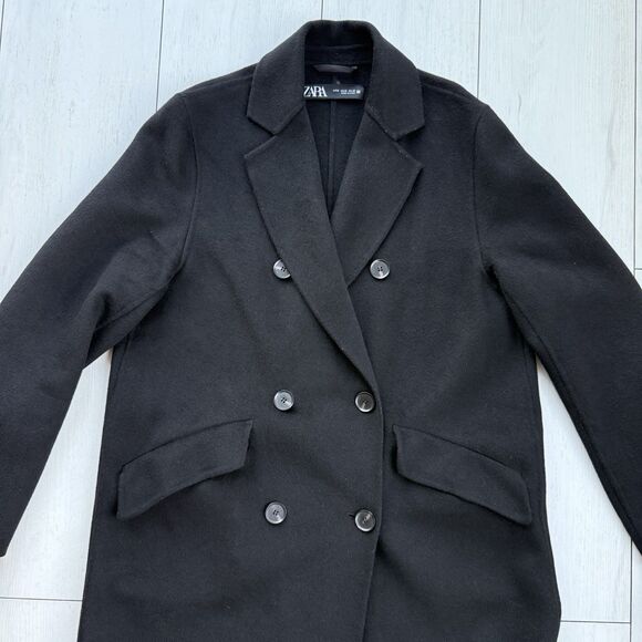 Zara Women's Medium Double Breasted Long Topcoat Peacoat Black Wool Blend - Picture 16 of 16